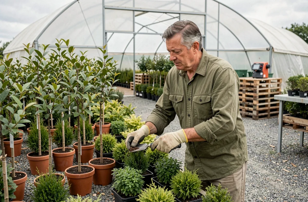 Spécialiste de la SARL Claussmann Pépinières et Paysages entretenant des plants en pépinière dans l'Oise