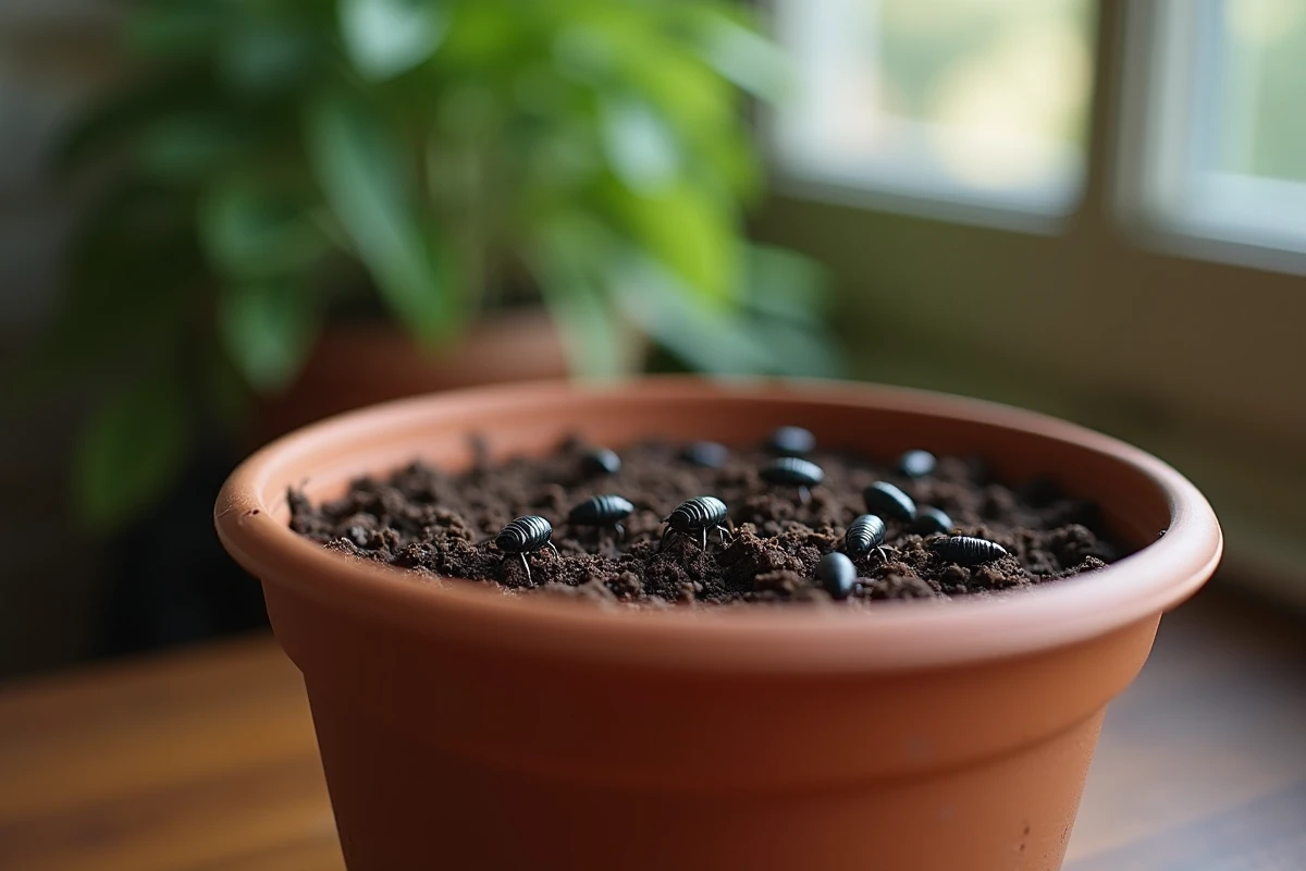 Collemboles noirs sur terre humide dans un pot de fleurs en terre cuite, insectes sauteurs du sol identifiables