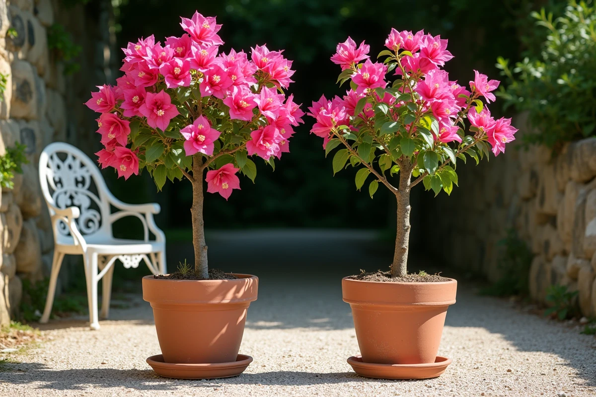 Comparaison côte à côte d'un bougainvillier greffé et d'un bougainvillier issu de bouture dans un jardin provençal