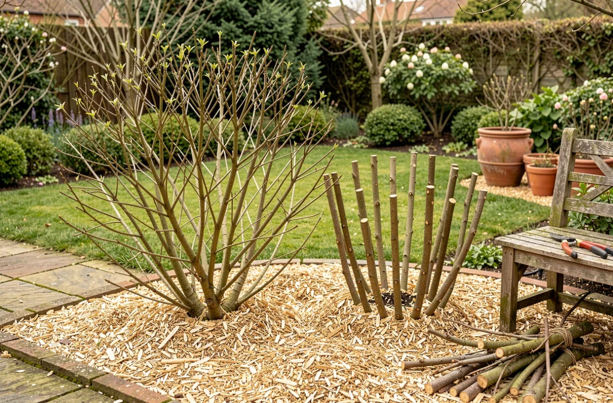 Comparaison entre un seringat non taillé et un seringat rajeuni par taille sévère dans un jardin de cottage