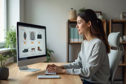 Femme comparant deux sites e-commerce de jardinage sur un ordinateur dans un bureau à domicile
