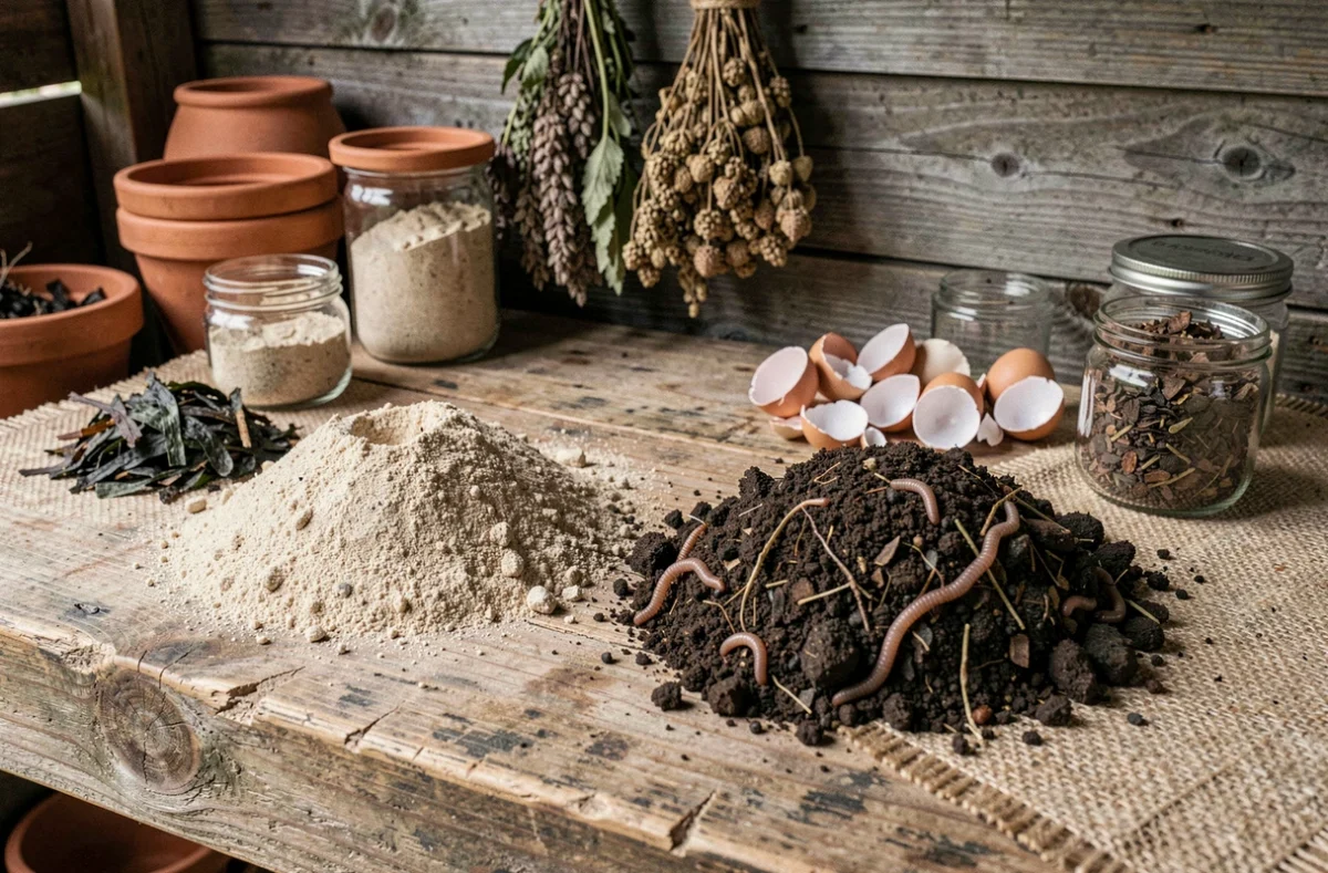 Comparaison de sol pauvre et de terre riche en compost sur un établi de jardinage avec des amendements naturels pour régénérer la terre