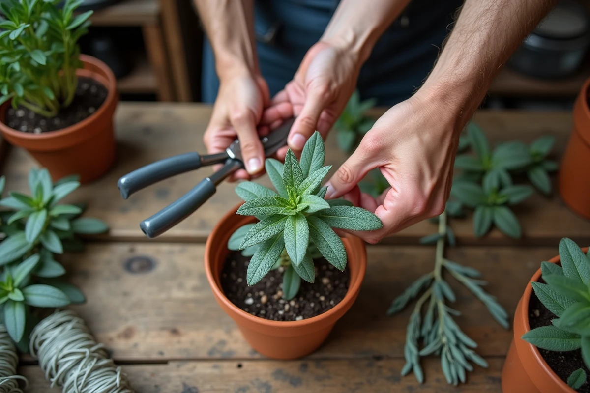 Gros plan sur des mains tenant des tiges de sauge taillées et un sécateur au-dessus d'un établi de rempotage en bois, avec une jeune sauge en pot en premier plan