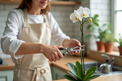 Femme coupant une tige d'orchidée fanée au-dessus d'un nœud avec un sécateur propre sur un comptoir en bois