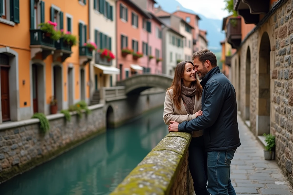 Couple appuyé sur un pont en pierre au-dessus d'un canal de la vieille ville d'Annecy avec des façades colorées en arrière-plan