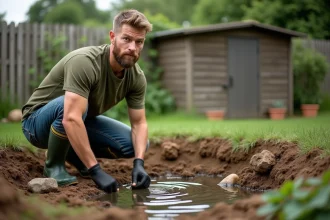 Homme débutant creusant un premier bassin de jardin pour accueillir des carpes koï