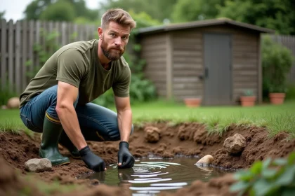 Homme débutant creusant un premier bassin de jardin pour accueillir des carpes koï