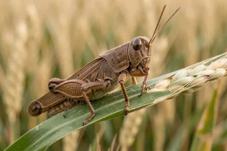 Criquet en gros plan dévorant une tige de blé dans un champ agricole, montrant ses mandibules et son exosquelette en détail