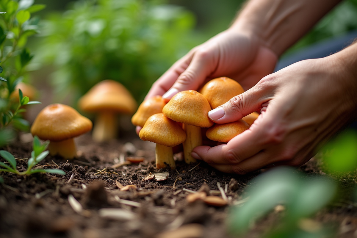 Mains récoltant des chanterelles dans un jardin permaculture