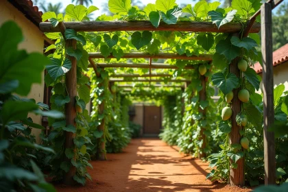 Vigne de christophine s'étalant sur un treillis en bois dans un jardin tropical avec des fruits verts suspendus en grappes