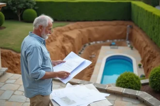 Propriétaire consultant les démarches administratives pour l'installation d'une piscine coque dans son jardin