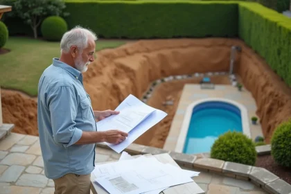 Propriétaire consultant les démarches administratives pour l'installation d'une piscine coque dans son jardin