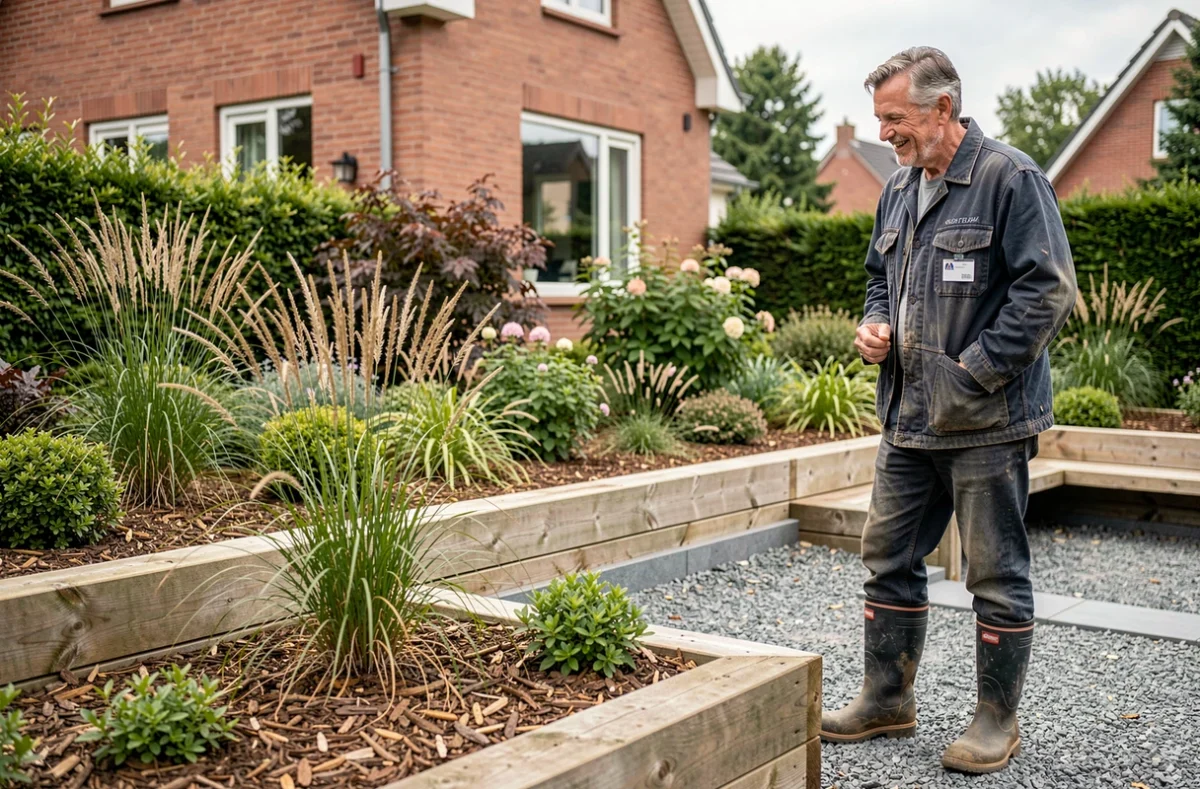 Professionnel de Dervillers Paysage inspectant une terrasse jardinée achevée dans une propriété de l'Oise