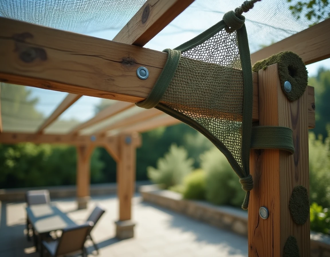Détail du filet camouflage ombrage fixé à une pergola en bois pour protéger une terrasse de la chaleur