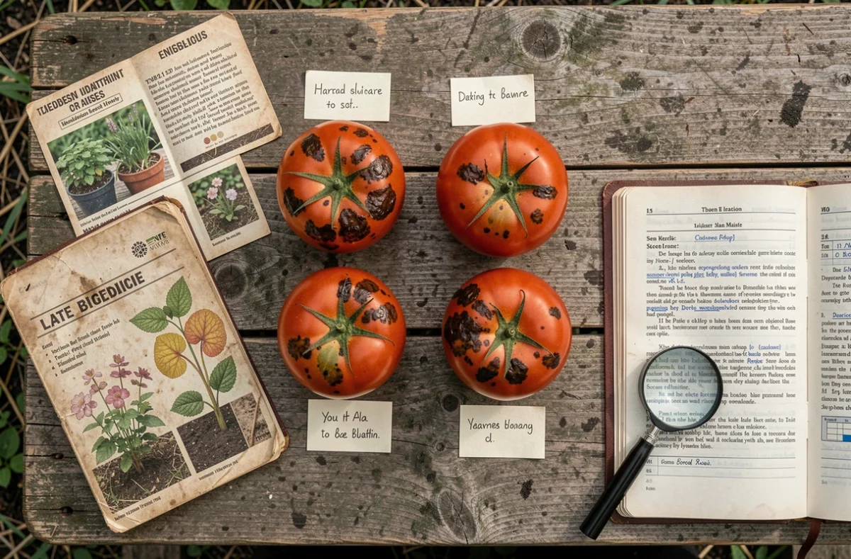 Vue de dessus d'un établi de jardinier avec quatre tomates infectées par le mildiou tardif, étiquetées et entourées de documents d'identification des maladies