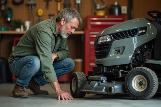Homme diagnostiquant un problème d'enclenchement de lame sur un tracteur tondeuse dans un garage