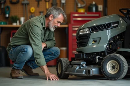 Homme diagnostiquant un problème d'enclenchement de lame sur un tracteur tondeuse dans un garage