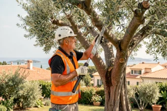 Arboriste professionnel réalisant un élagage sur un olivier dans un jardin résidentiel à Cagnes-sur-Mer