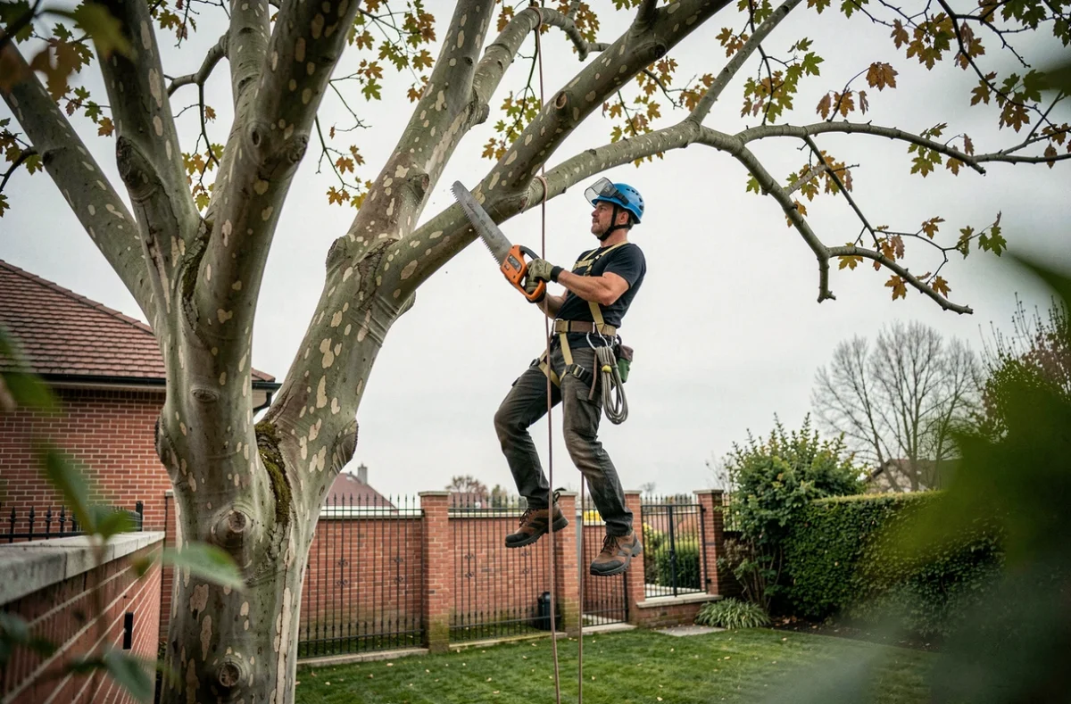Élagueur suspendu en hauteur dans un platane lors d'une intervention en jardin privé à Argenteuil