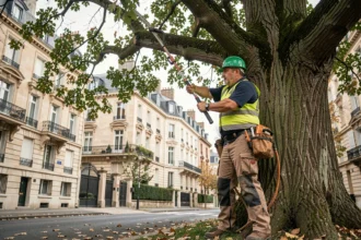 Élagueur professionnel en tenue de sécurité taillant un grand chêne dans une rue résidentielle d'Argenteuil