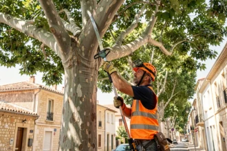 Élagueur professionnel en tenue de sécurité taillant un grand platane dans une rue résidentielle de Béziers