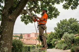 Élagueur professionnel en train d'élaguer un grand chêne en hauteur avec harnais et équipements de sécurité, toits de Toulouse en arrière-plan