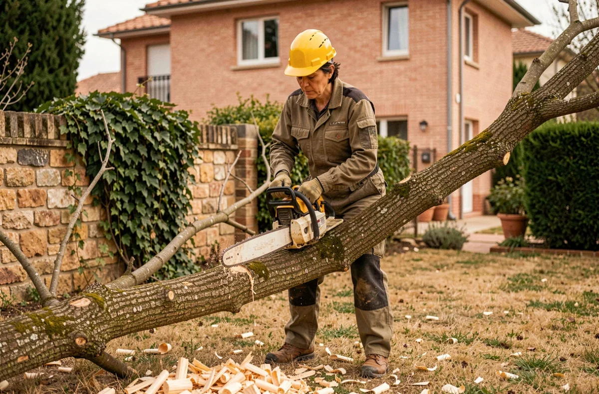 Élagueuse professionnelle utilisant une tronçonneuse pour couper une grosse branche dans un jardin résidentiel de Toulouse