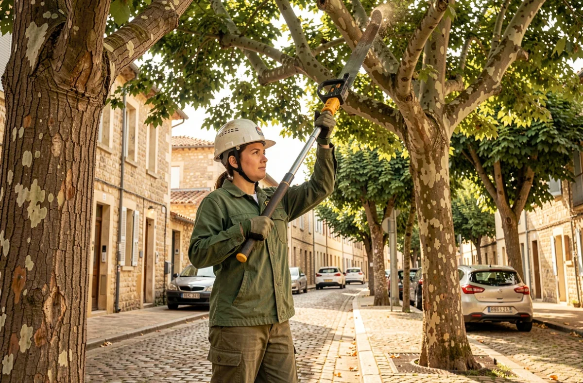 Élagueus professionnelle taillant un platane en milieu urbain sur une rue de Cagnes-sur-Mer