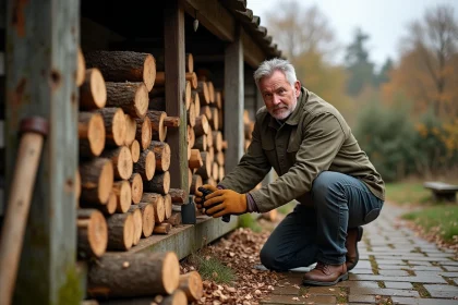 Homme empilant des bûches de chêne fendu pour constituer un stère de bois contre un abri en bois patiné à la campagne