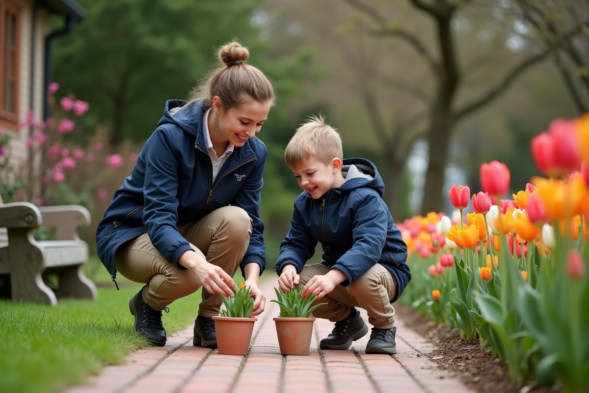 Jeune garçon plantant des tulipes avec sa mère dans le jardin