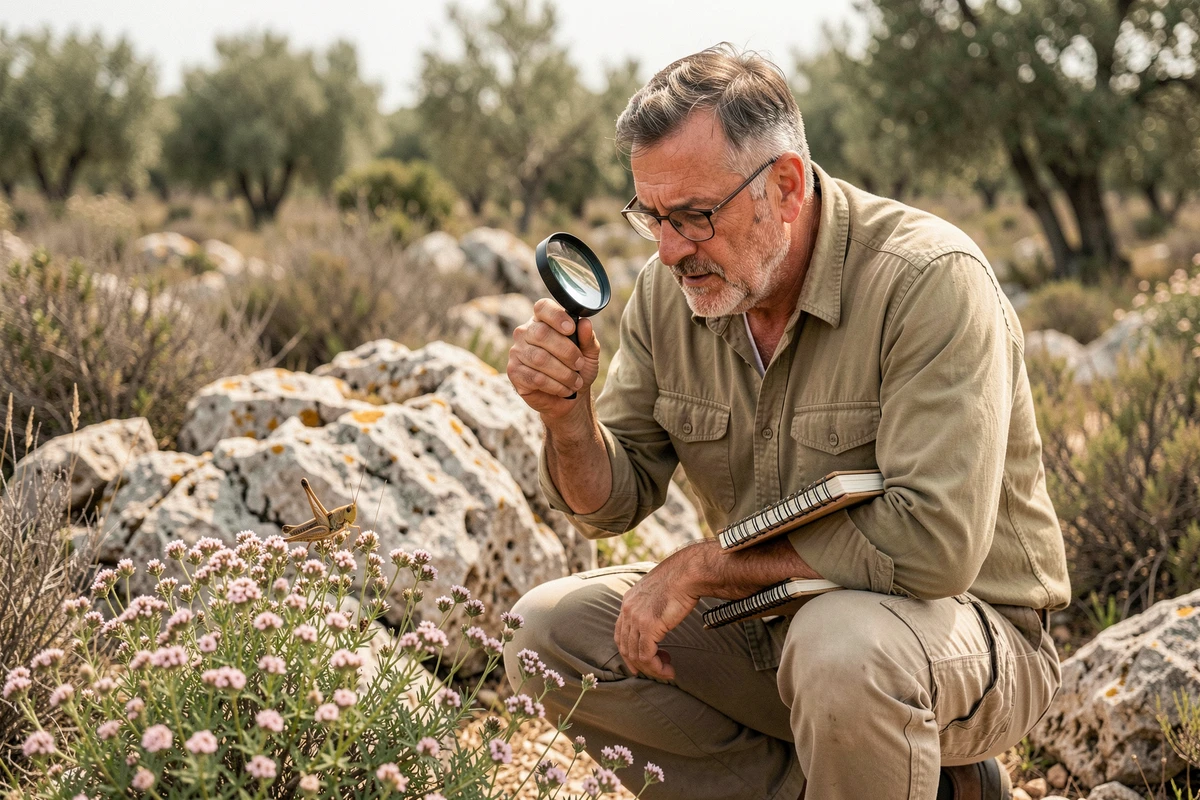 Entomologiste observant un criquet sur une plante de garrigue méditerranéenne avec une loupe lors d'une étude de terrain