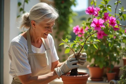 Femme inspectant le point de greffe d'un bougainvillier en pot sur une terrasse méditerranéenne