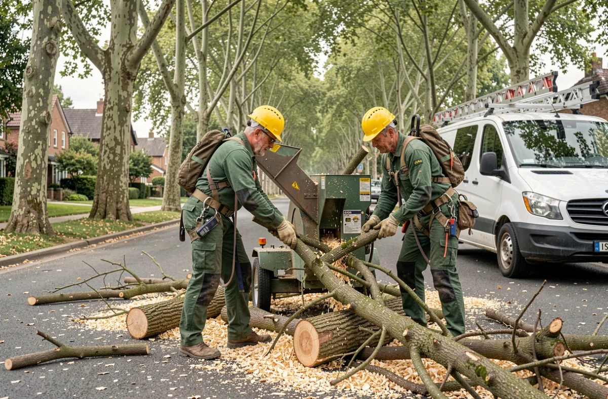 Deux élagueurs professionnels utilisant un broyeur de branches dans une rue résidentielle après élagage