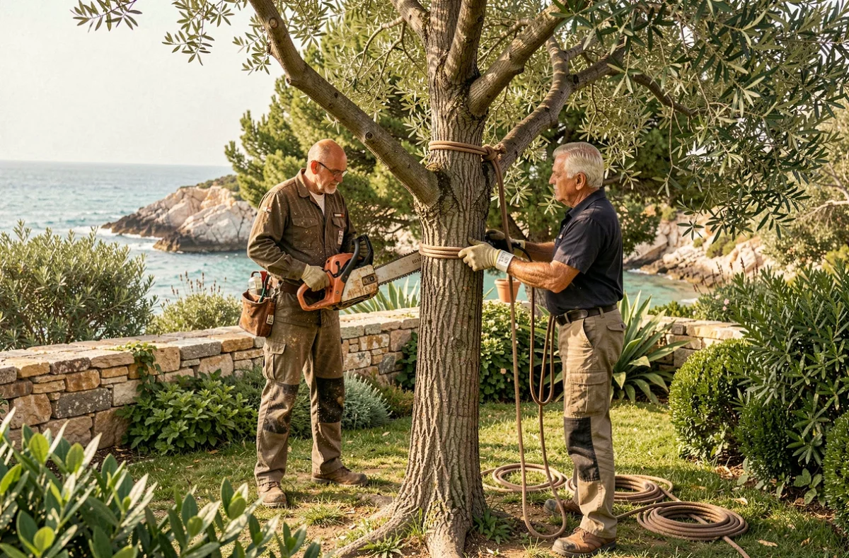 Deux élagueurs travaillant ensemble dans un jardin en bord de mer près de Cagnes-sur-Mer