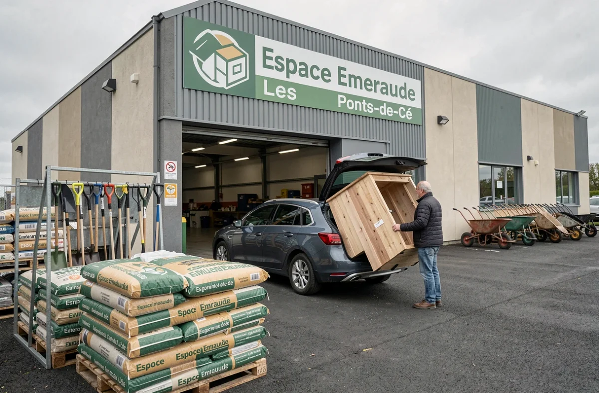 Espace Emeraude aux Ponts-de-Cé orienté équipement de jardin avec couple chargeant du matériel