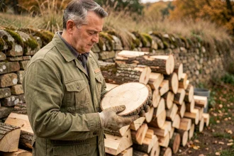 Expert forestier examinant des bûches d'albizia fraîchement fendues empilées dans un jardin rural en automne