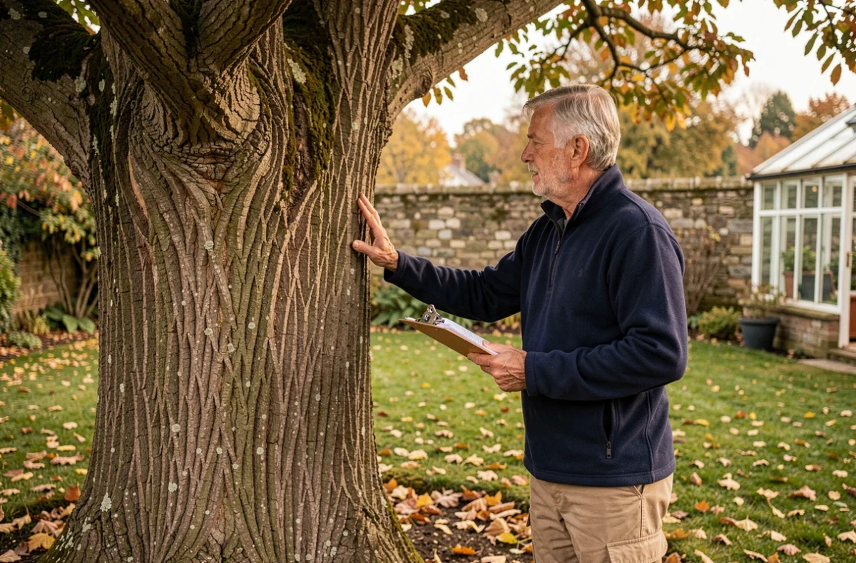 Expert élagueur inspectant un grand arbre mature dans un jardin privé en automne avec un carnet de notes