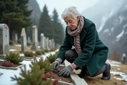 Femme âgée en manteau vert près d'une tombe en hiver