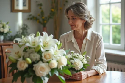 Femme méditative arrangeant un bouquet de fleurs blanches