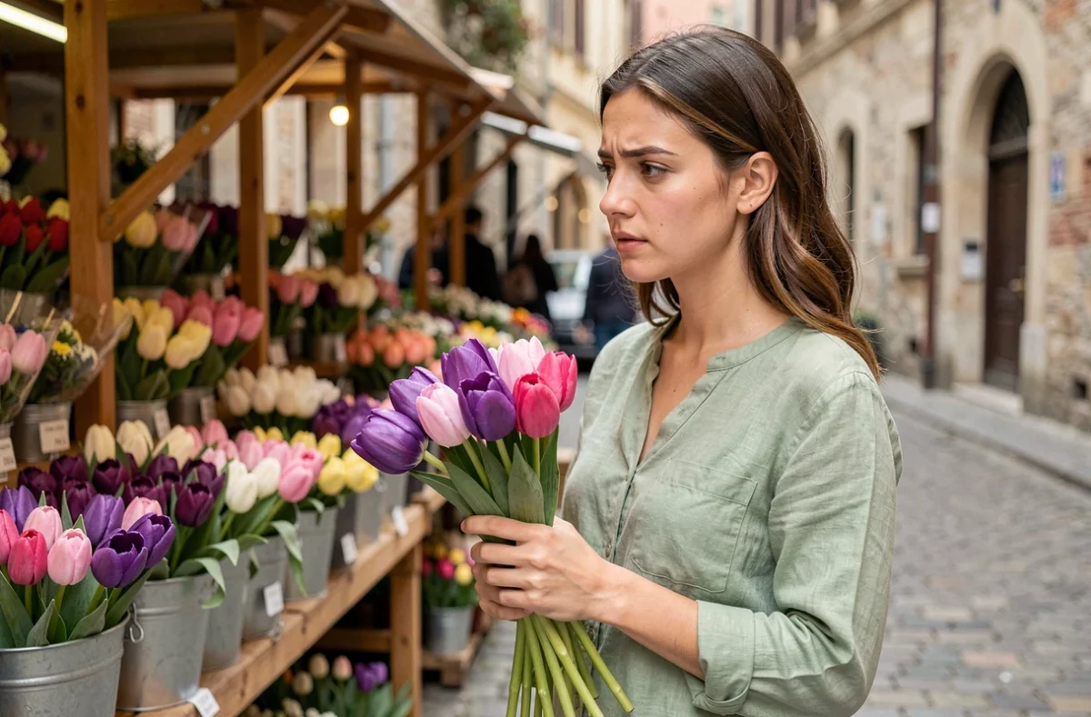 Femme choisissant des tulipes roses et violettes au marché aux fleurs, hésitant sur la signification des couleurs