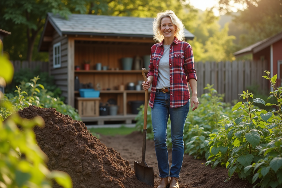Femme souriante avec fourchette près du compost
