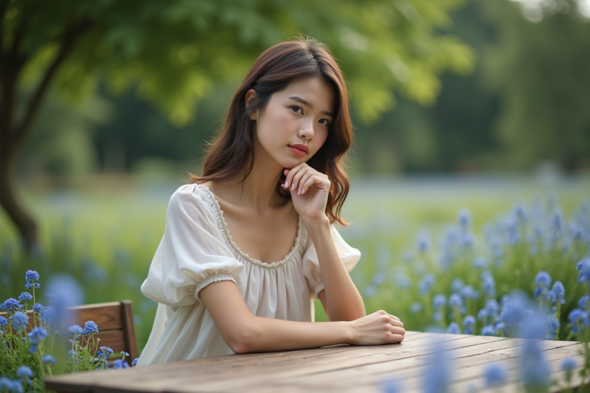 Jeune femme en robe d'été dans un jardin fleuri