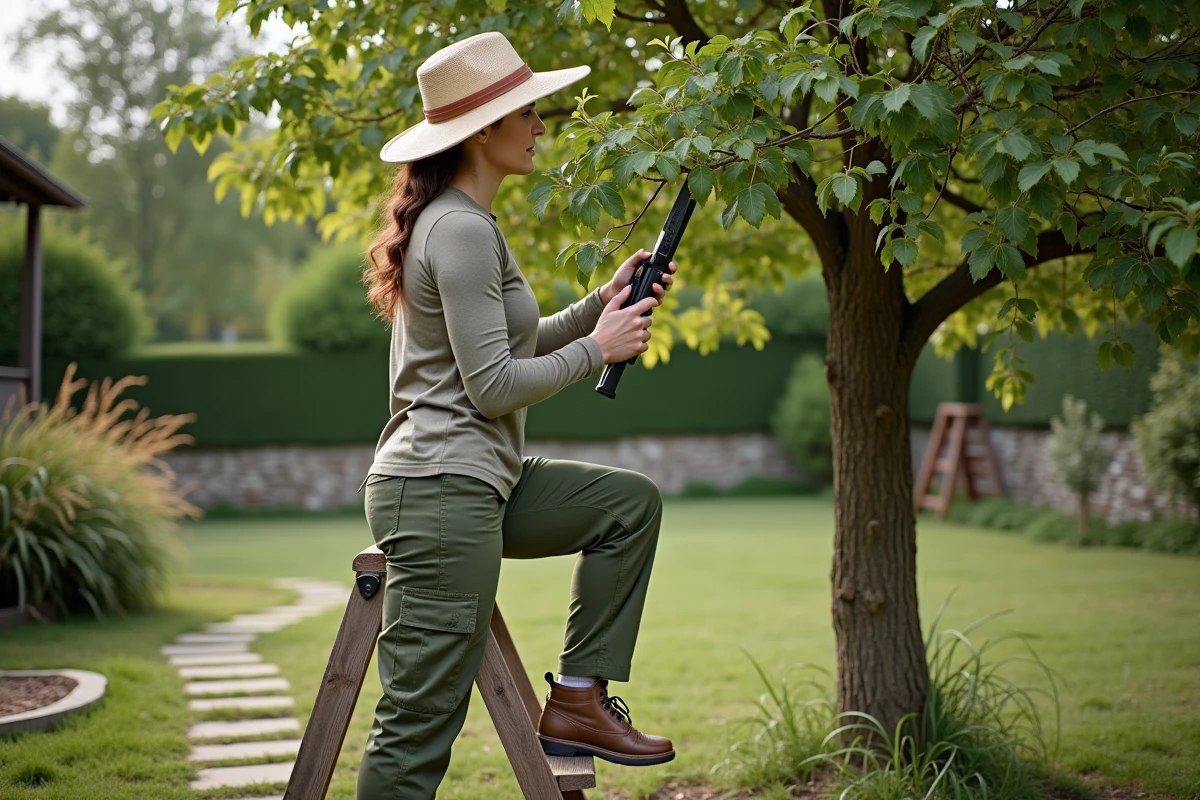 Femme sur un escabeau en bois taillant un cerisier ornemental dans un jardin de campagne français avec des ébrancheurs