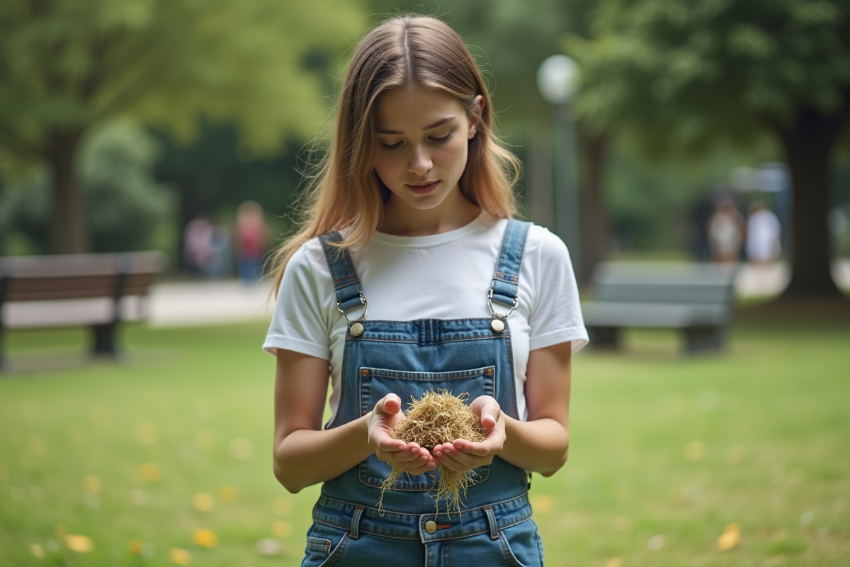 Jeune femme regardant la mousse dans un parc urbain