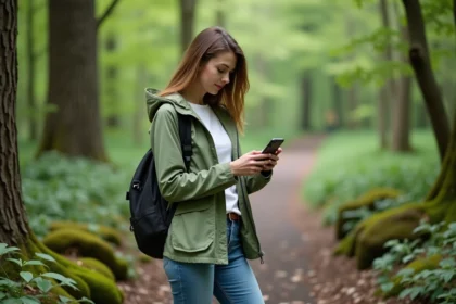 Jeune femme en vert examine des fleurs sauvages en forêt