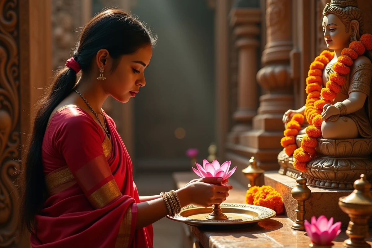 Femme hindoue en sari déposant une fleur de lotus sur un autel lors d'une cérémonie puja dans un temple