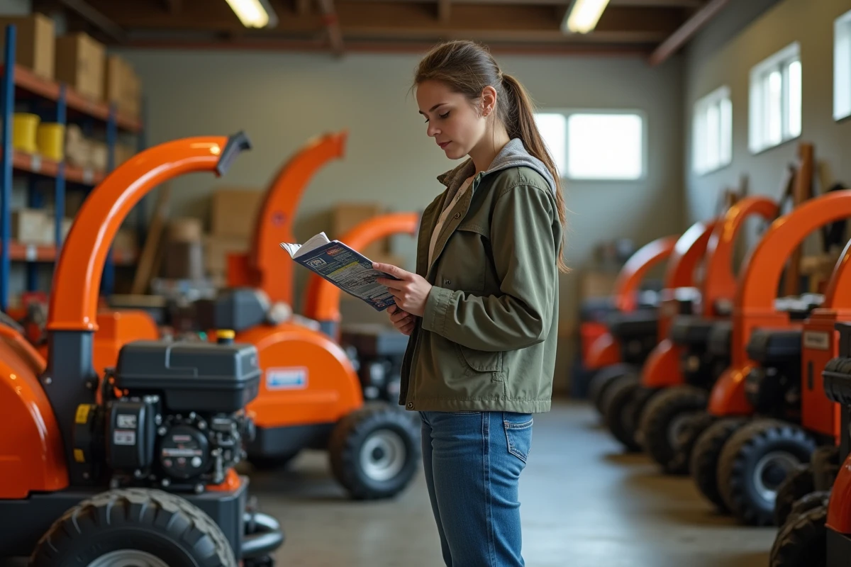 Jeune femme inspectant un broyeur de bois dans un centre de location