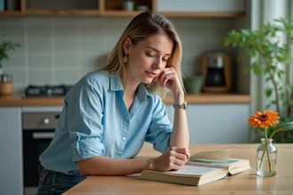 Femme pensante dans une cuisine avec une fleur d'ursinia