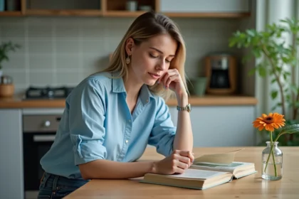 Femme pensante dans une cuisine avec une fleur d'ursinia