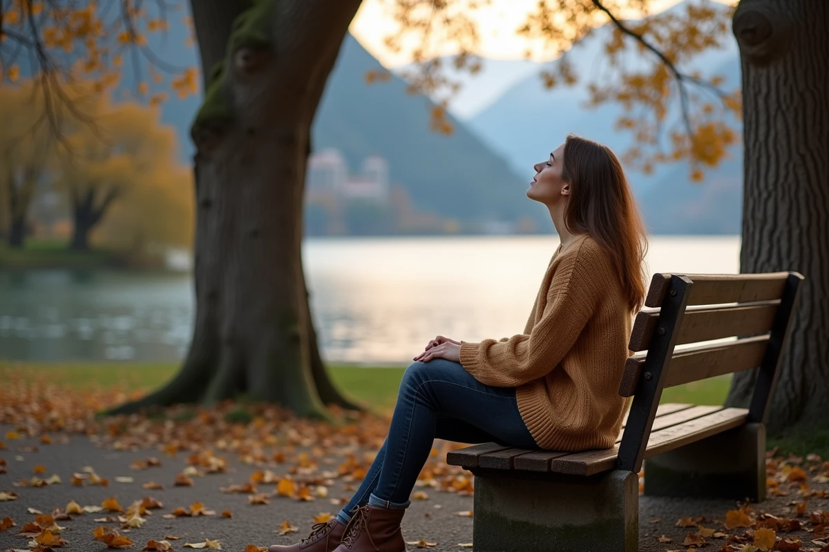 Femme assise seule sur un banc aux Jardins de l'Europe à Annecy entourée d'arbres et face au lac au crépuscule